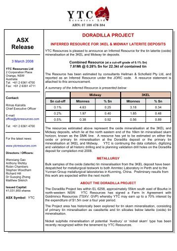 JORC Inferred Resource for the tin laterite ... - YTC Resources