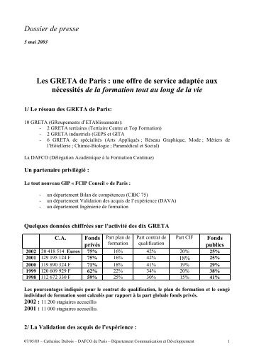 Dossier de presse Les GRETA de Paris : une offre de service ...