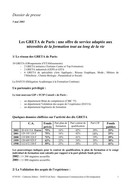 Dossier de presse Les GRETA de Paris : une offre de service ...