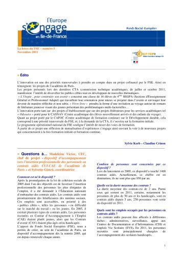 La Lettre du FSE n° 5, novembre 2011 - FSE Académie de Paris