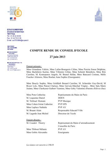 COMPTE RENDU DU CONSEIL D'ECOLE 27 juin 2013