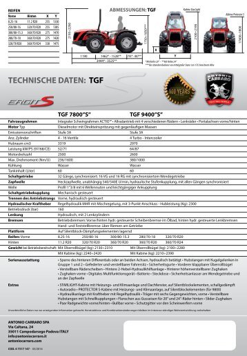 TECHNISCHE DATEN: TGF ERGIT - UNIDIREKTIONALER TRAKTOR 71PS + 87PS n CARRARO