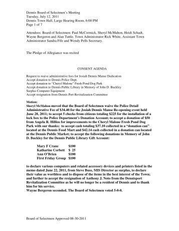 Dennis Board of Selectmen's Meeting Tuesday, July 12, 2011 ...