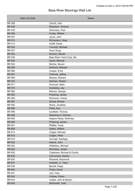 BR Mooring Wait List 12-4-12 - the Town of Dennis