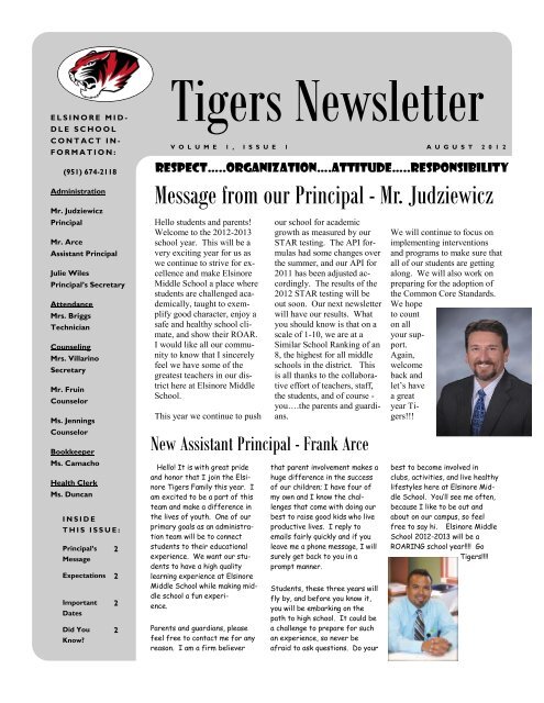 Message from our Principal - Mr. Judziewicz - Elsinore Middle School