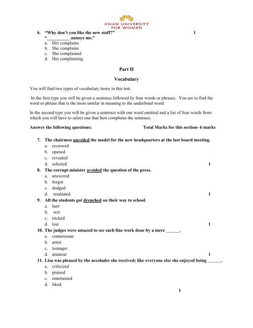 Sample Question Paper - Asian University for Women