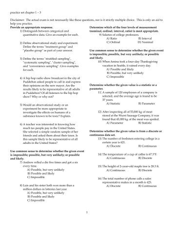 practice set chapter 1 - 3 Disclaimer: The actual exam is not ...