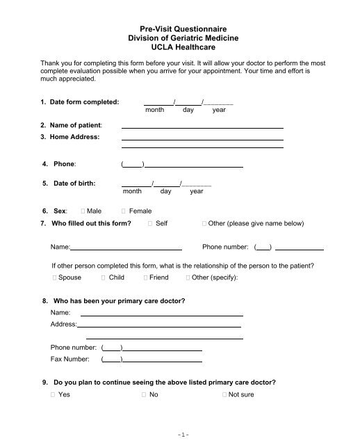 Pre-Visit Questionnaire - GeroNet - UCLA