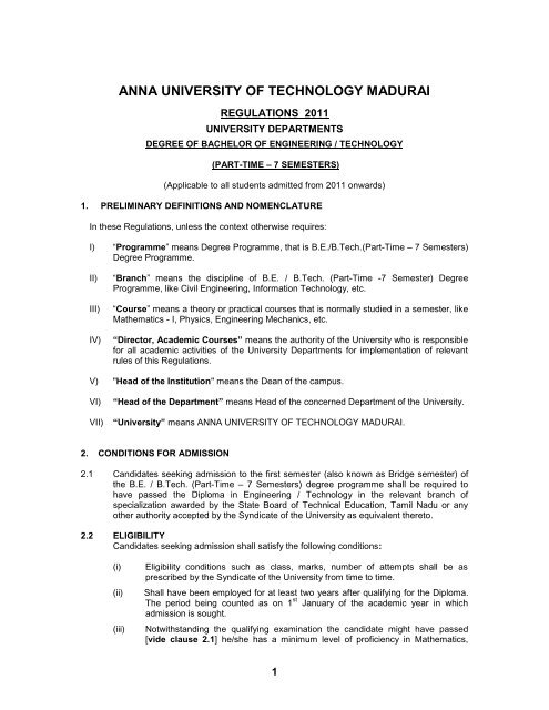 Part Time Regulations 11 Anna University