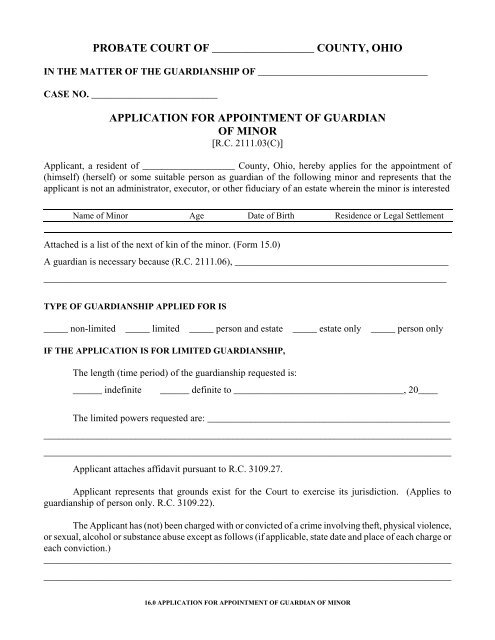 County Ohio Application For Appointment Of Guardian Of Minor
