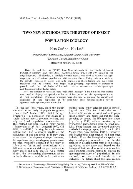 Chi, H., and H. Liu. 1985. Two new methods for the study of insect ...