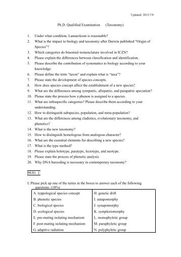 Ph.D. Qualified Examination (Taxonomy) 1. Under what condition ...