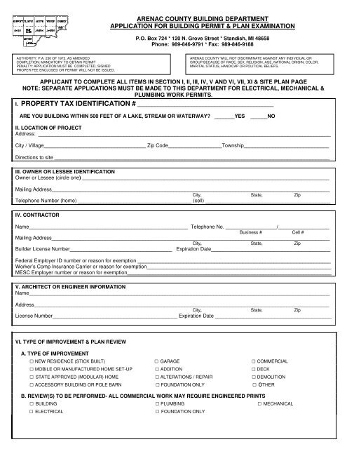 Building permit application - Arenac County, Michigan