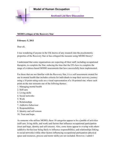 MOHO critique of the Recovery Star