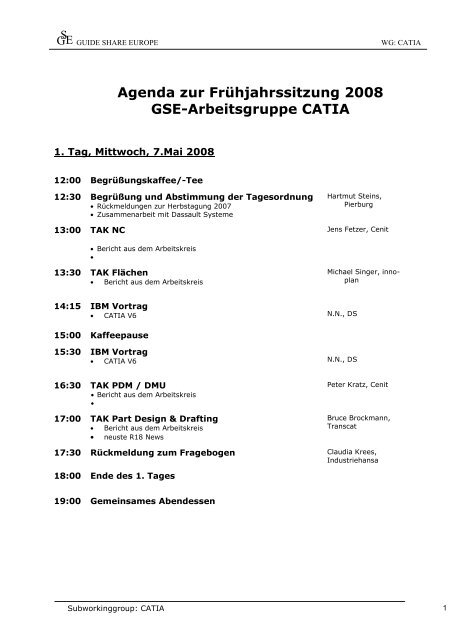 Agenda zur FrÃ¼hjahrssitzung 2008 GSE-Arbeitsgruppe CATIA