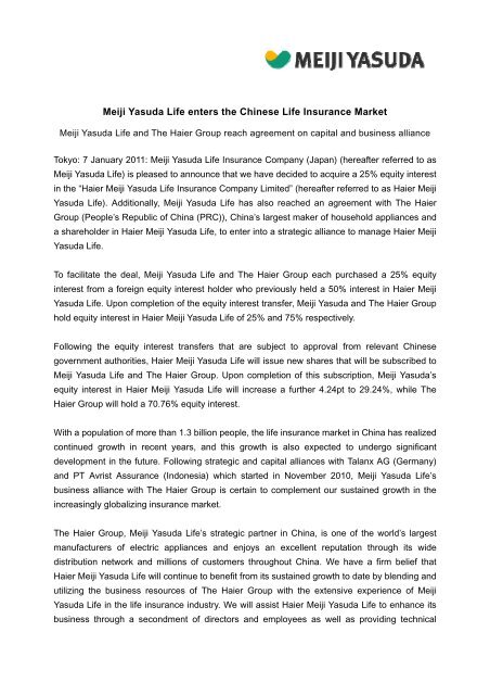 Meiji Yasuda Life enters the Chinese Life Insurance Market