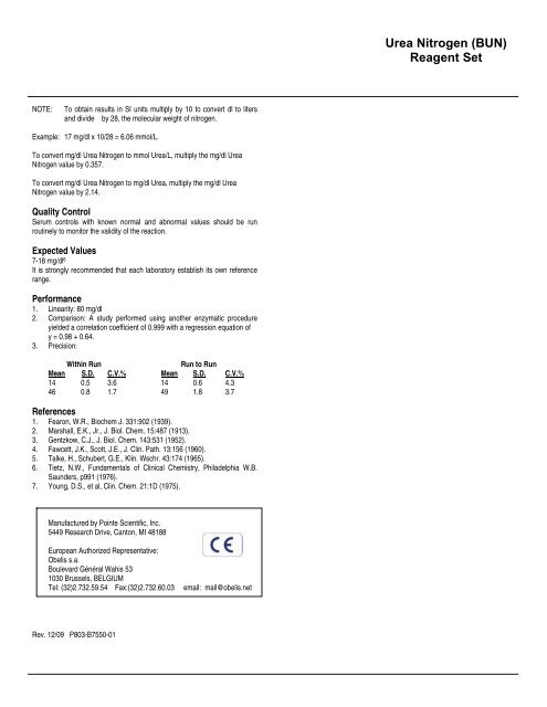 Urea Nitrogen (BUN) Reagent Set - Pointe Scientific, Inc.