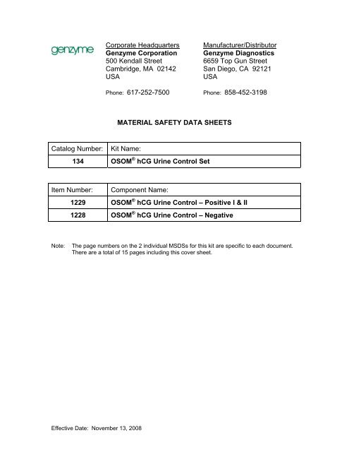 OSOM hCG Urine Control Set MSDS - BioPacific Diagnostic Inc.