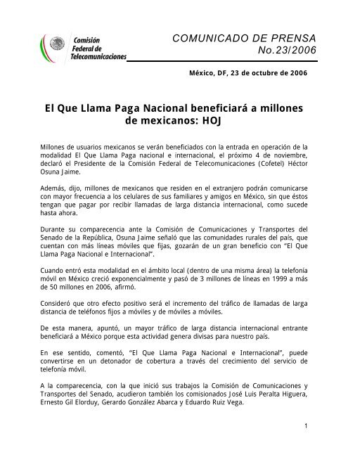 El Que Llama Paga Nacional beneficiarÃ¡ a millones de ... - Cofetel