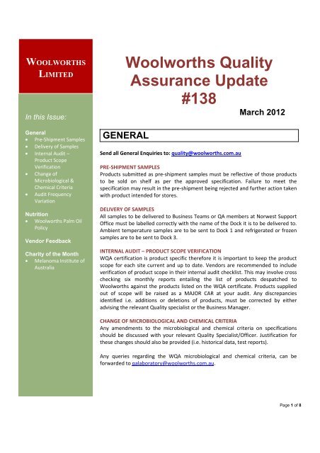 Woolworths Quality Assurance Update #138 March 2012