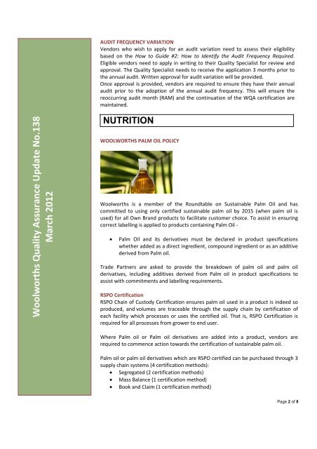 Woolworths Quality Assurance Update #138 March 2012