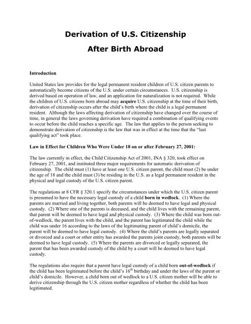 Derivation of U.S. Citizenship After Birth Abroad