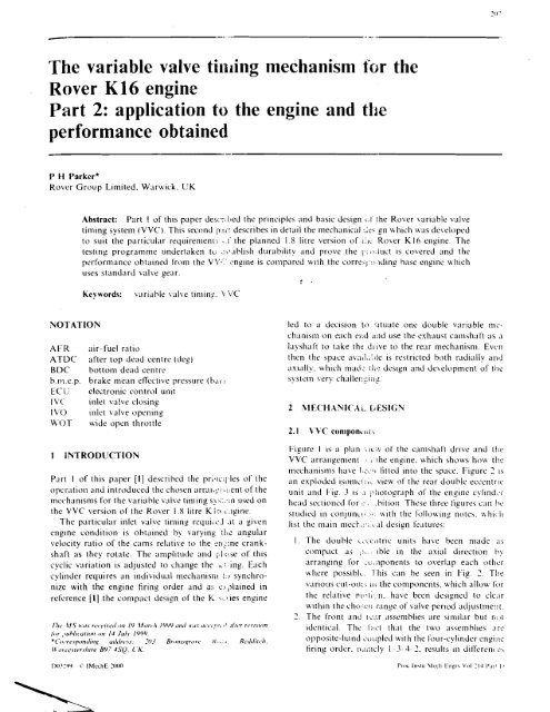 The variable valve timing mechanism f ~ r the Rover K 16 engine ...