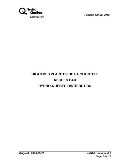 HQD-9, document 3 - Bilan des plaintes des clients reÃƒÂ§ues par ...