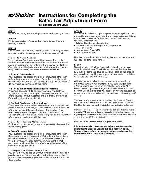 Instructions for Completing the Sales tax Adjustment Form - Shaklee