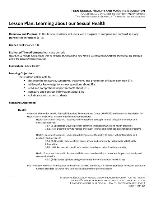 Lesson Plan Learning About Our Sexual Health NEA HIN