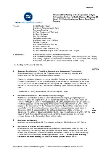 Format for Governors Meeting Minutes - Tyne Metropolitan College