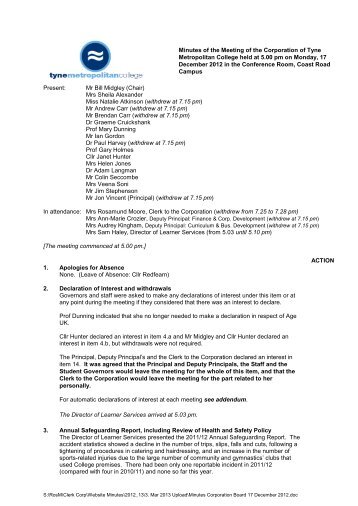 Format for Governors Meeting Minutes - Tyne Metropolitan College