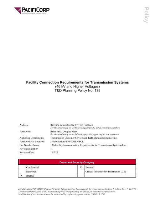 Facility Connection Requirements for Transmission PacifiCorp
