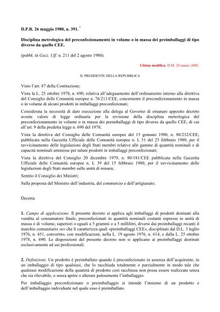 Disciplina metrologica del preconfezionamento in volume o ... - Ismea