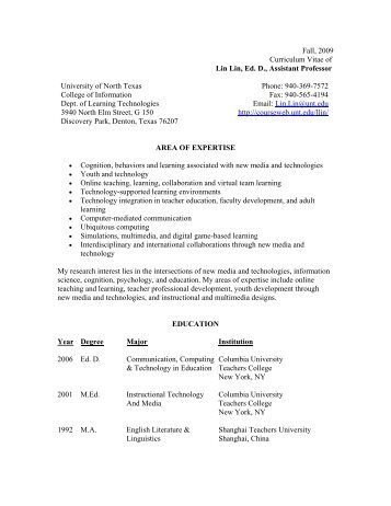 Fall, 2009 Curriculum Vitae of Lin Lin, Ed. D., Assistant Professor ...
