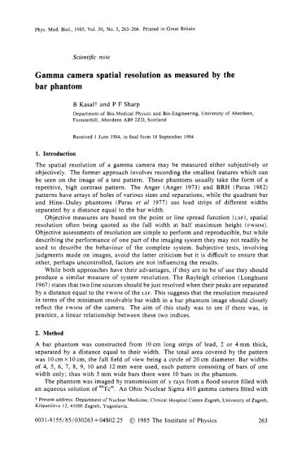 Gamma camera spatial resolution as measured by ... - Nuclear Physics