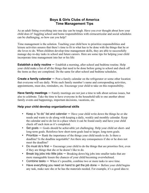 Boys & Girls Clubs of America Time Management Tips