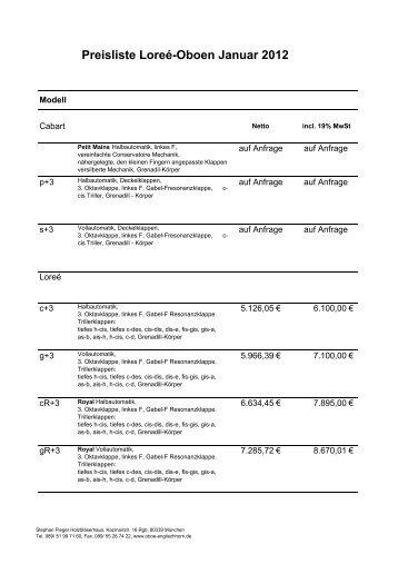 Preisliste LoreÃ©-Oboen Januar 2012 - Pieger, Stephan