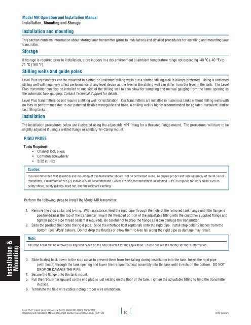 Model MR Installation Manual - MTS Sensors