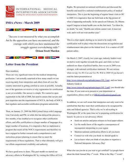 IMIA eNews - March 2009 Letter from the President - International ...