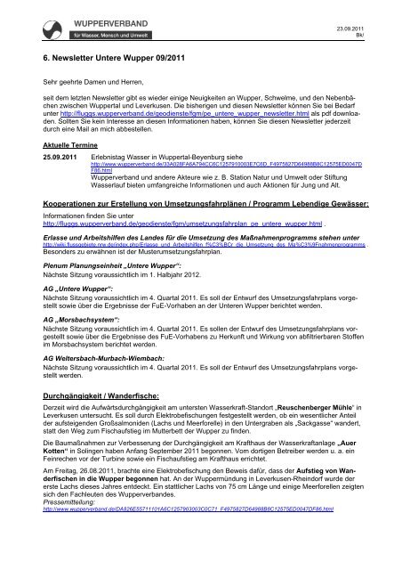 6. Newsletter Untere Wupper 09/2011 - Wupperverband