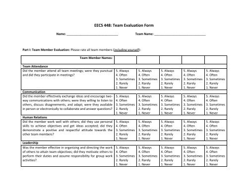 EECS 448: Team Evaluation Form