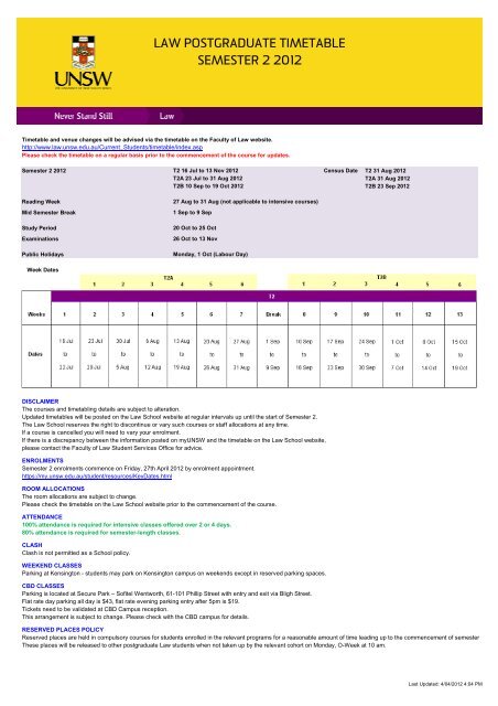 LAW POSTGRADUATE TIMETABLE SEMESTER 2 2012 - UNSW Law