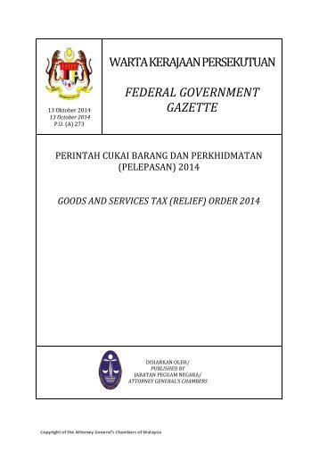P.U. (A) 273 - Perintah Cukai Barang dan Perkhidmatan (Pelepasan)2014