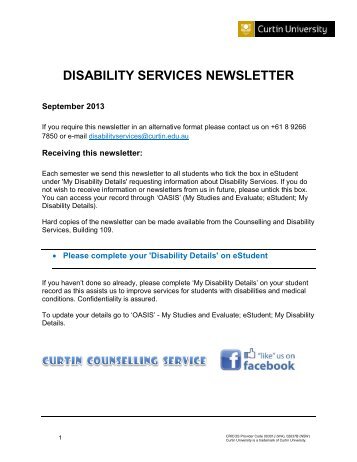 DISABILITY SERVICES NEWSLETTER - Unilife - Curtin University