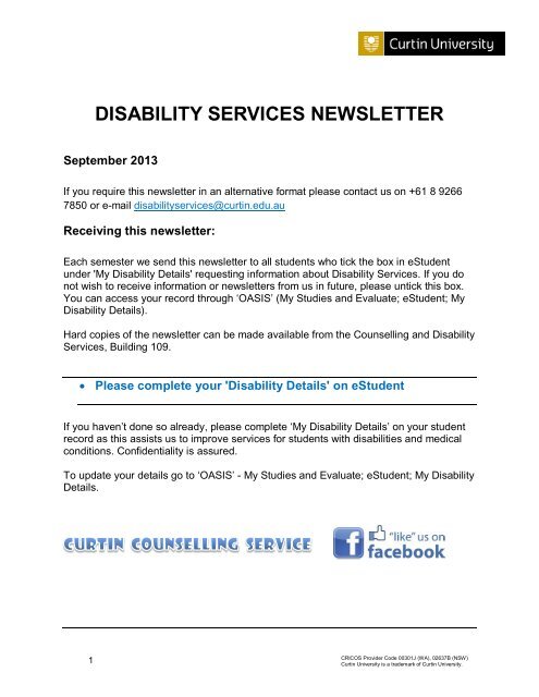 DISABILITY SERVICES NEWSLETTER - Unilife - Curtin University