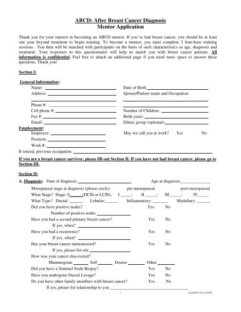 ABCD: After Breast Cancer Diagnosis Mentor Application