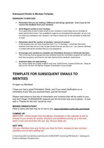 Subsequent emails to mentees - Unilife - Curtin University