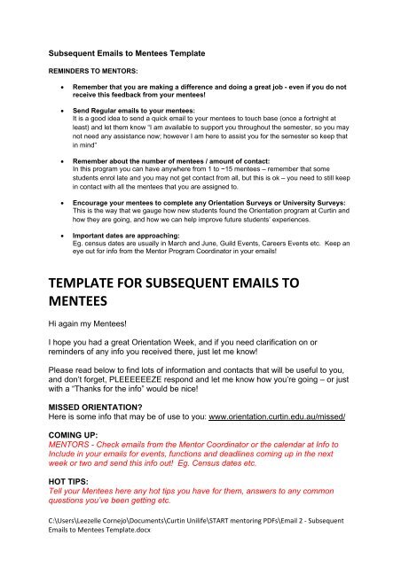 Subsequent emails to mentees - Unilife - Curtin University