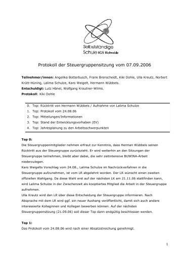 Protokoll der Steuergruppensitzung vom 07.09.2006